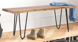 live edge wood bench with black hairpin legs